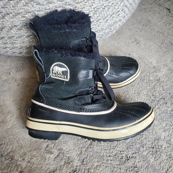 Sorel Boots Womens 7 Tivoli Snow Winter Black Leather Faux Fur Mid NL1631-010 - Picture 2 of 8